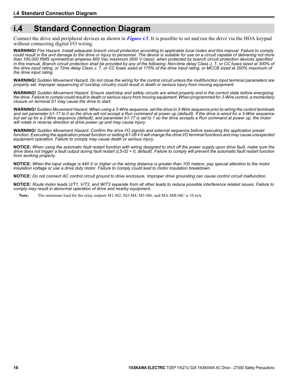 Standard connection diagram, I.4 standard connection diagram | Yaskawa 600V User Manual | Page 16 / 64