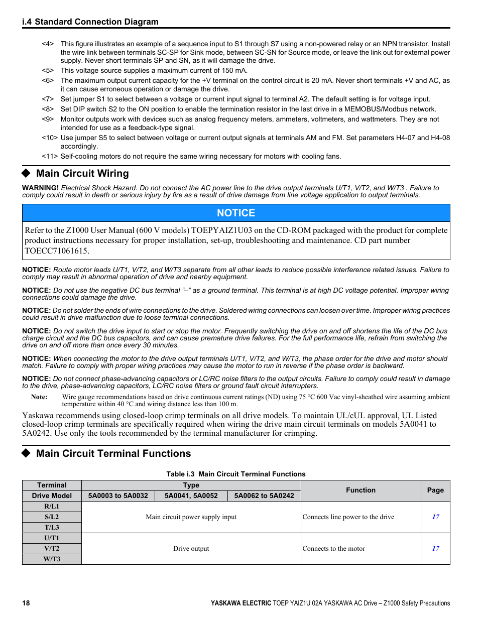 Main circuit wiring, Main circuit terminal functions, Notice | Yaskawa 600V User Manual | Page 18 / 64