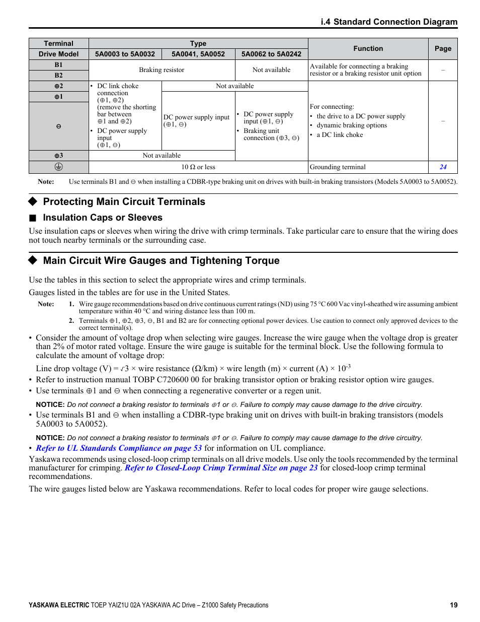 Protecting main circuit terminals, Main circuit wire gauges and tightening torque | Yaskawa 600V User Manual | Page 19 / 64