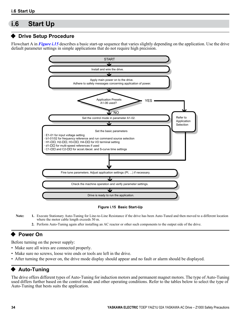 Start up, Drive setup procedure, Power on | Auto-tuning, I.6 start up | Yaskawa 600V User Manual | Page 34 / 64