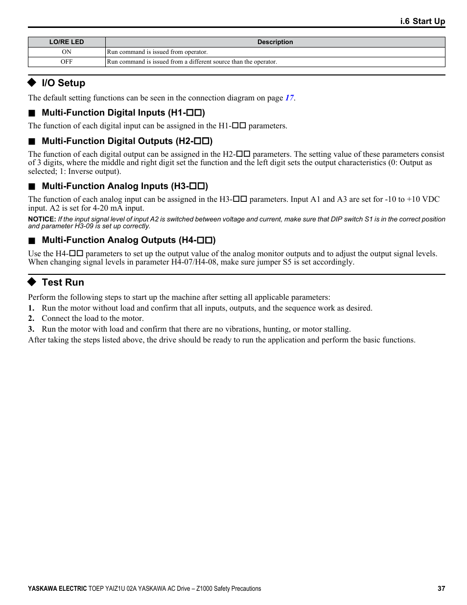 I/o setup, Test run | Yaskawa 600V User Manual | Page 37 / 64