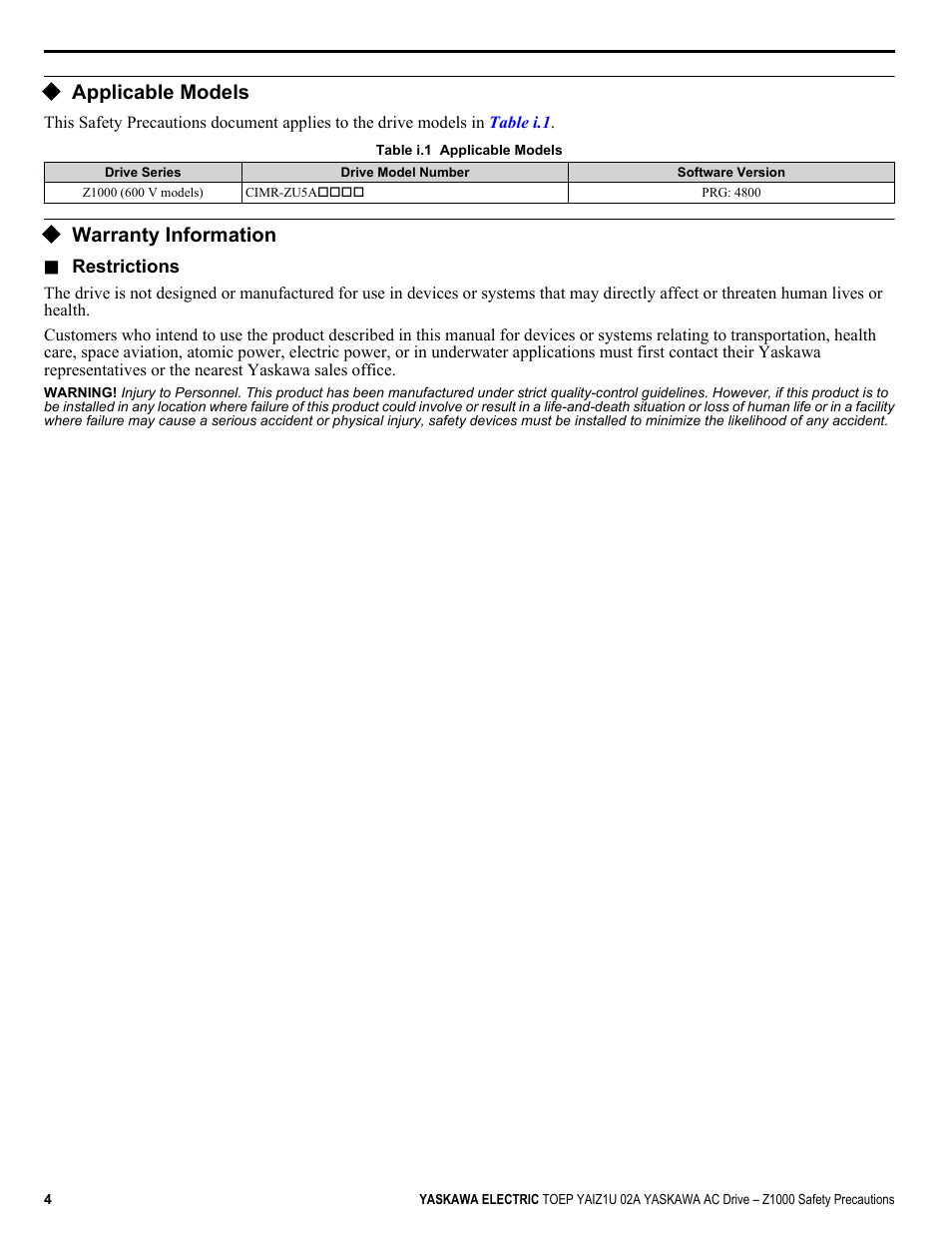 Applicable models, Warranty information | Yaskawa 600V User Manual | Page 4 / 64
