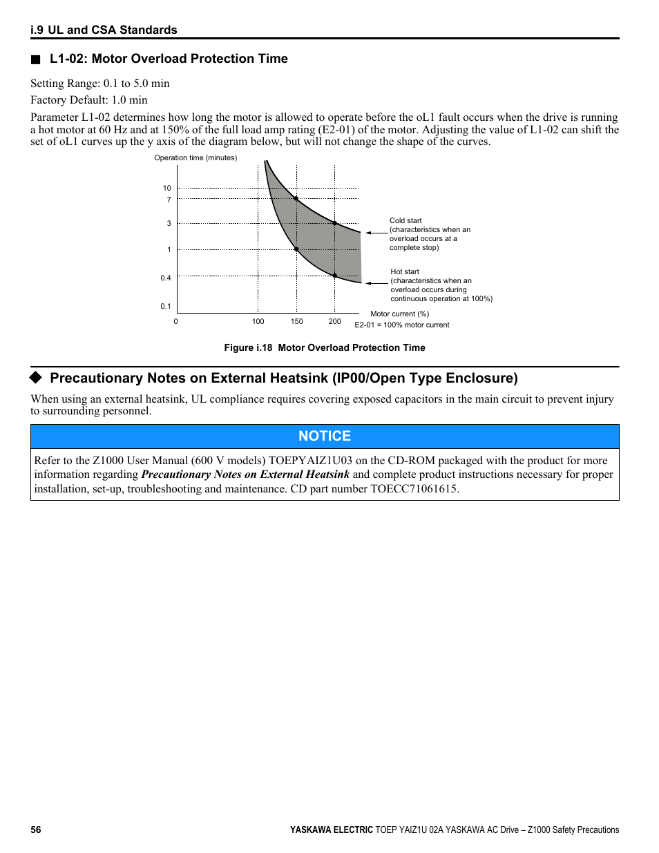 Notice, L1-02: motor overload protection time | Yaskawa 600V User Manual | Page 56 / 64