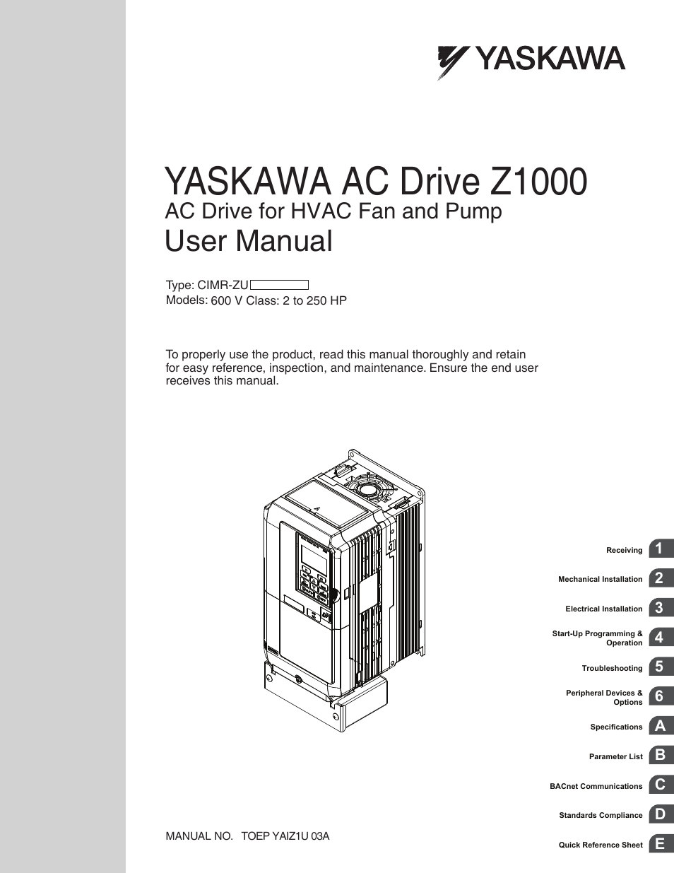 Yaskawa Z1000 AC Drive HVAC User Manual | 376 pages