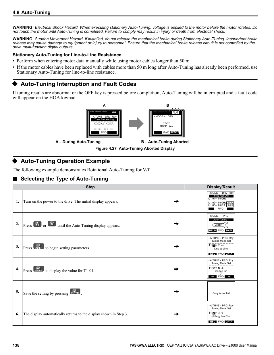 Auto-tuning interruption and fault codes, Auto-tuning operation example, Selecting the type of auto-tuning | 8 auto-tuning, Stationary auto-tuning for line-to-line resistance, Press or until the auto-tuning display appears, Press to begin setting parameters, Press to display the value for t1-01, Save the setting by pressing | Yaskawa Z1000 AC Drive HVAC User Manual | Page 138 / 376