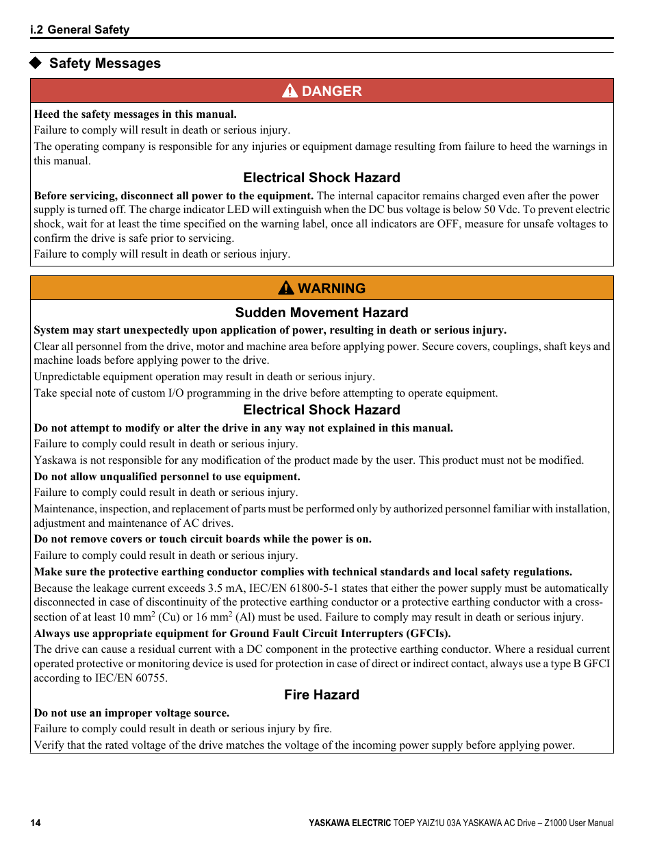 Safety messages | Yaskawa Z1000 AC Drive HVAC User Manual | Page 14 / 376
