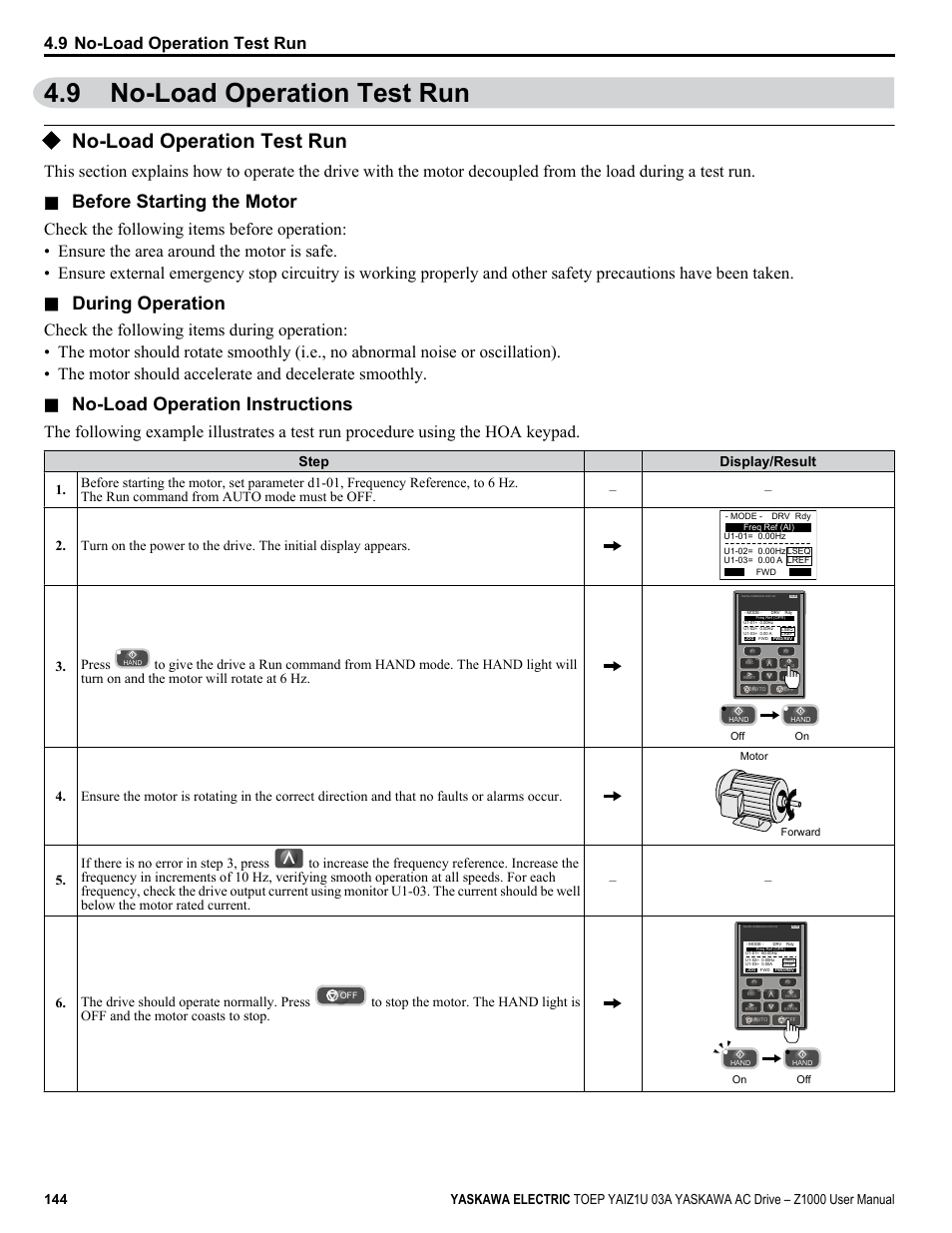 No-load operation test run, 9 no-load operation test run, Before starting the motor | During operation, No-load operation instructions, Press | Yaskawa Z1000 AC Drive HVAC User Manual | Page 144 / 376