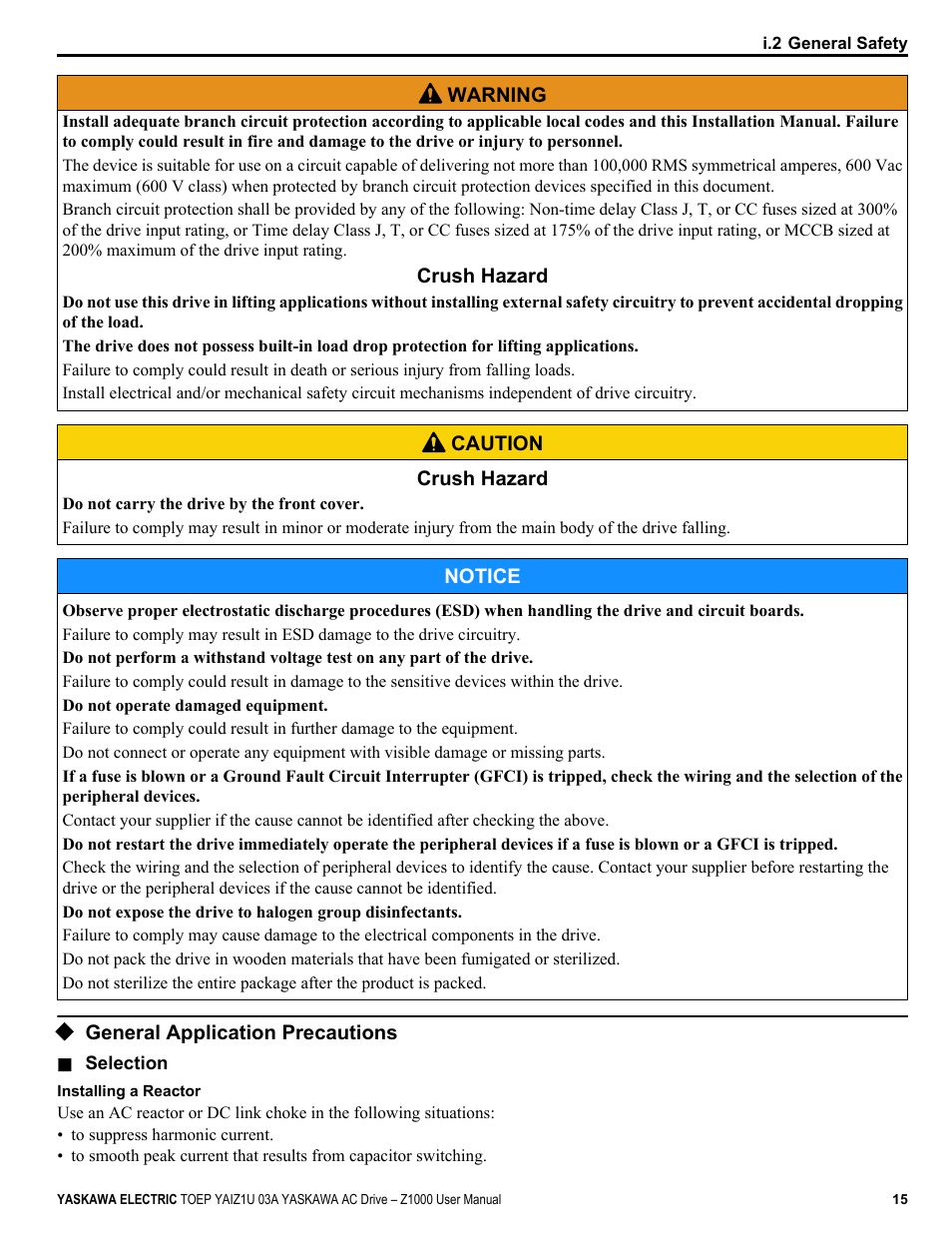General application precautions | Yaskawa Z1000 AC Drive HVAC User Manual | Page 15 / 376
