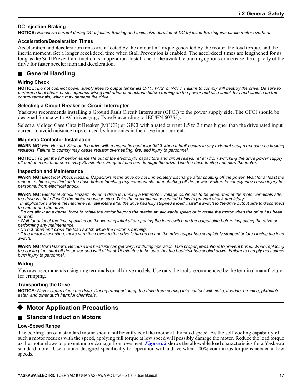 Motor application precautions | Yaskawa Z1000 AC Drive HVAC User Manual | Page 17 / 376