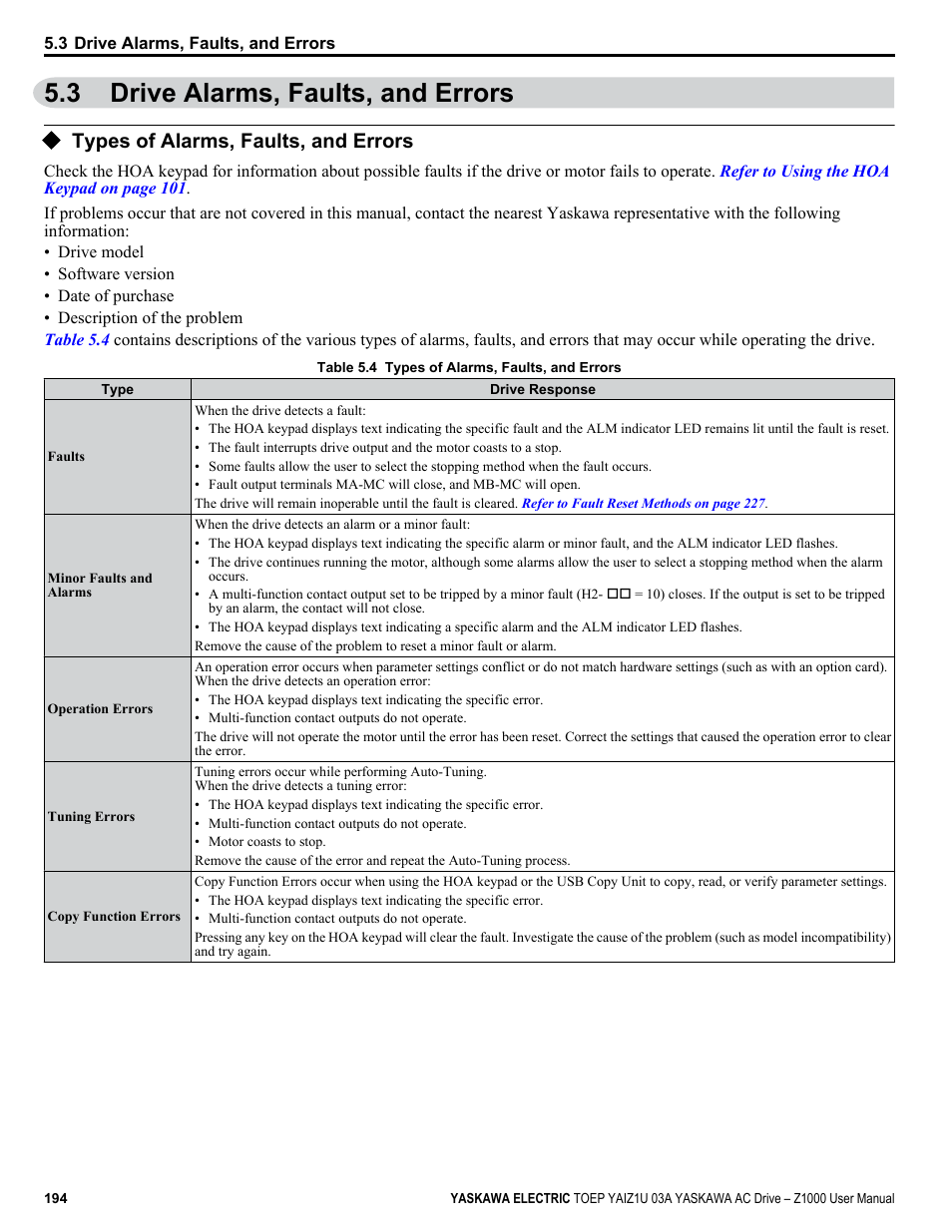Drive alarms, faults, and errors, Types of alarms, faults, and errors, 3 drive alarms, faults, and errors | Yaskawa Z1000 AC Drive HVAC User Manual | Page 194 / 376