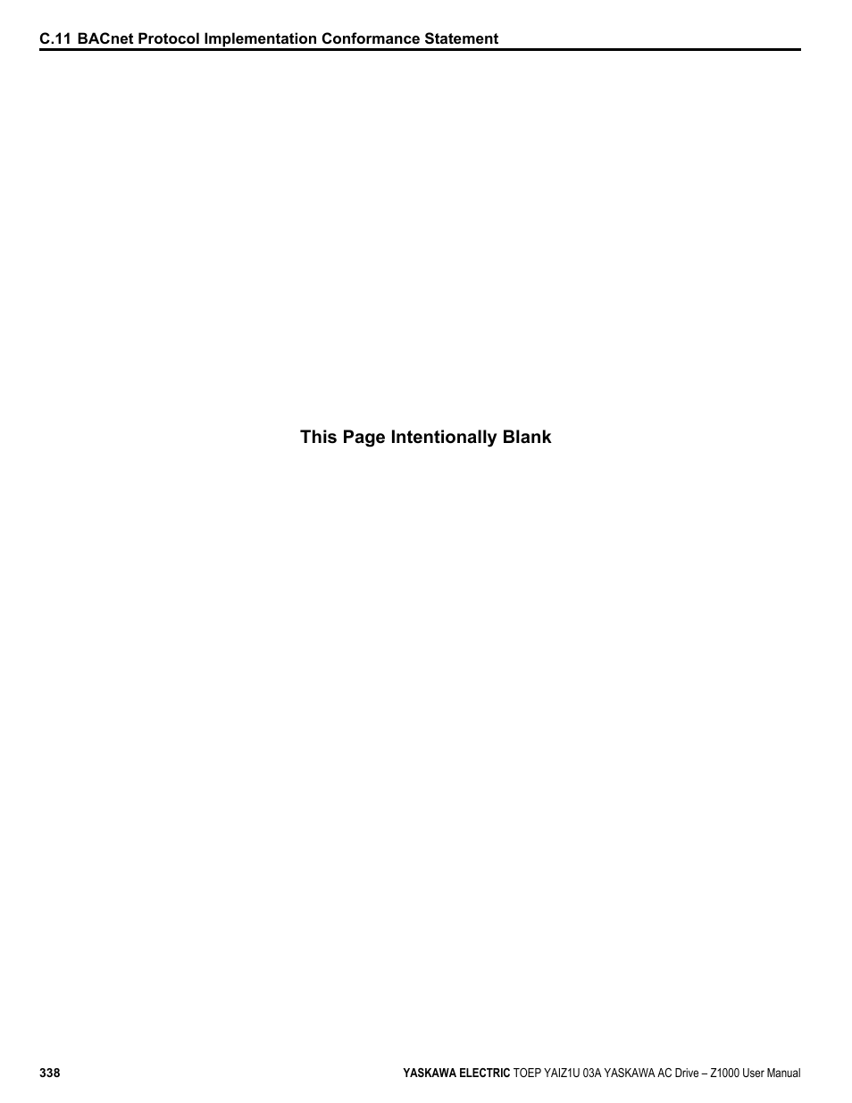 This page intentionally blank | Yaskawa Z1000 AC Drive HVAC User Manual | Page 338 / 376