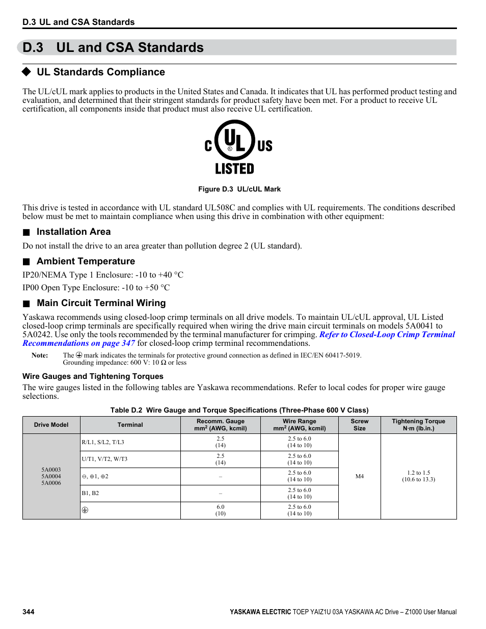 Ul and csa standards, Ul standards compliance, D.3 ul and csa standards | Installation area, Ambient temperature, Main circuit terminal wiring | Yaskawa Z1000 AC Drive HVAC User Manual | Page 344 / 376