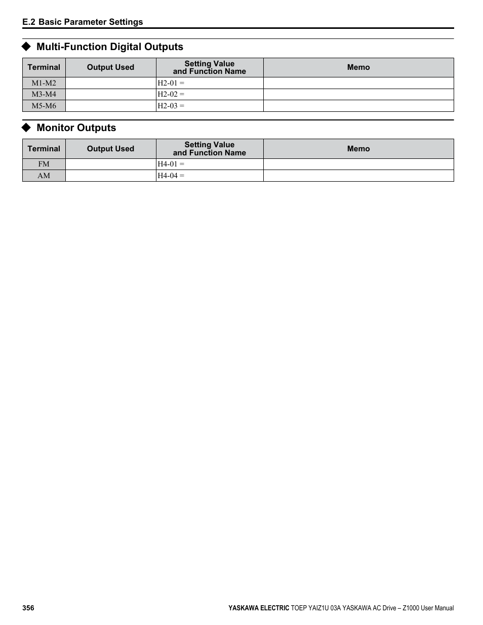Multi-function digital outputs, Monitor outputs | Yaskawa Z1000 AC Drive HVAC User Manual | Page 356 / 376