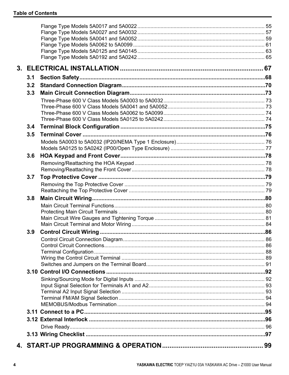 Electrical installation, Start-up programming & operation | Yaskawa Z1000 AC Drive HVAC User Manual | Page 4 / 376