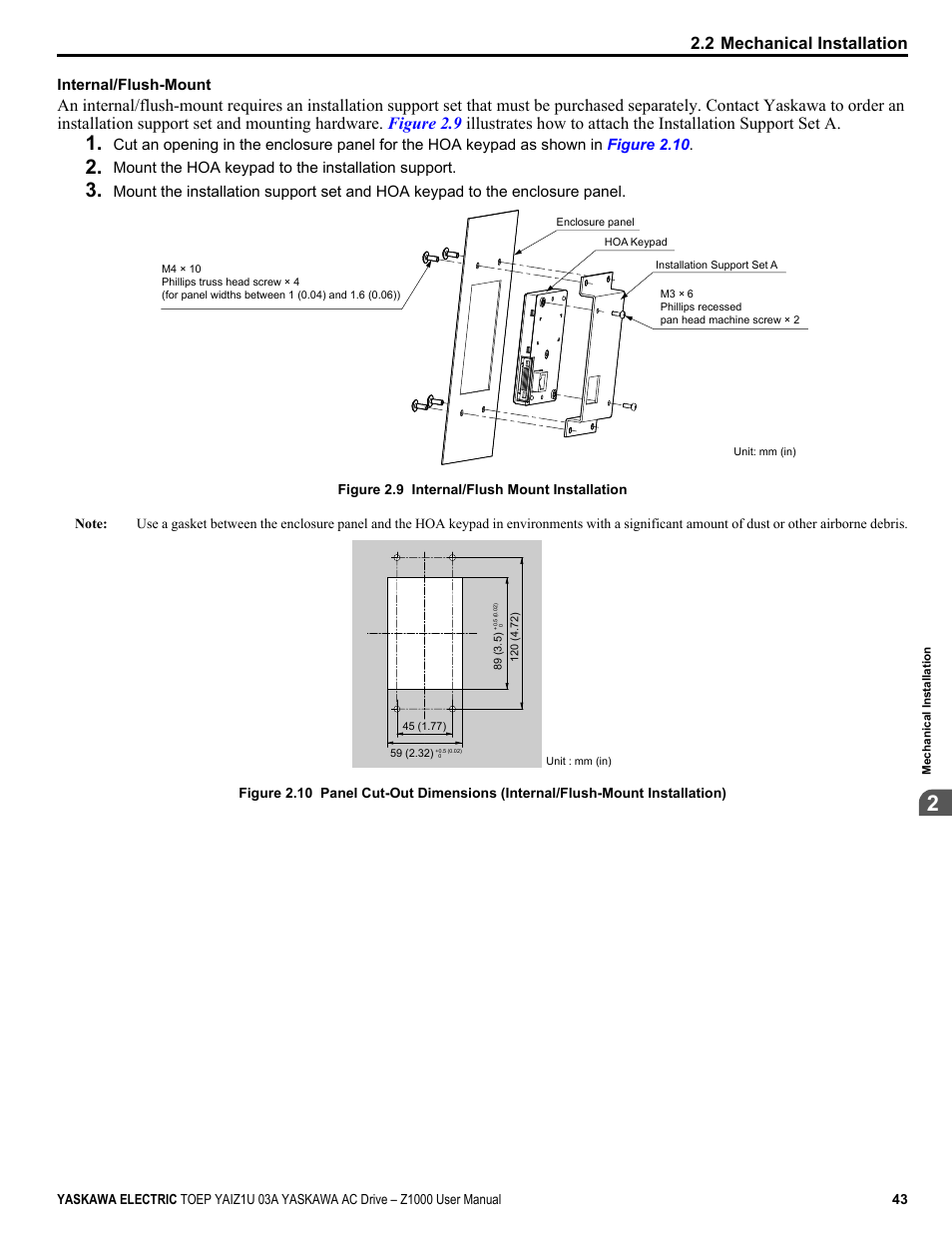 2 mechanical installation | Yaskawa Z1000 AC Drive HVAC User Manual | Page 43 / 376