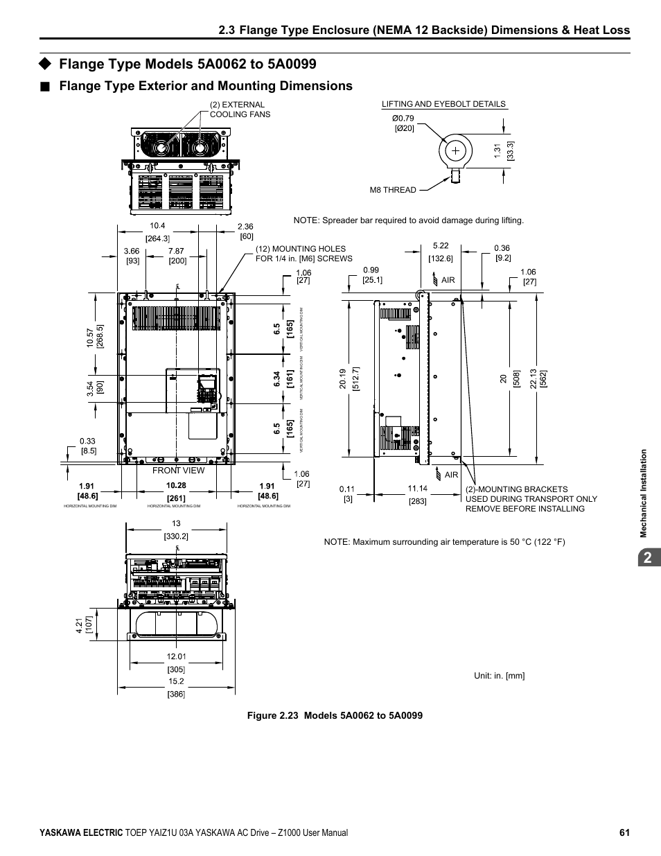 Flange type models 5a0062 to 5a0099, Flange type exterior and mounting dimensions | Yaskawa Z1000 AC Drive HVAC User Manual | Page 61 / 376