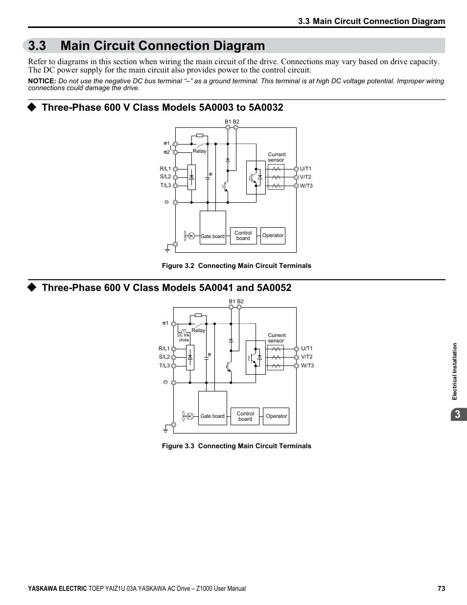 Main circuit connection diagram, Three-phase 600 v class models 5a0003 to 5a0032, Three-phase 600 v class models 5a0041 and 5a0052 | 3 main circuit connection diagram | Yaskawa Z1000 AC Drive HVAC User Manual | Page 73 / 376