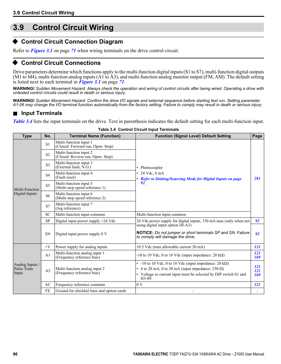 Control circuit wiring, Control circuit connection diagram, Control circuit connections | 9 control circuit wiring, Terminal board, Refer to control | Yaskawa Z1000 AC Drive HVAC User Manual | Page 86 / 376