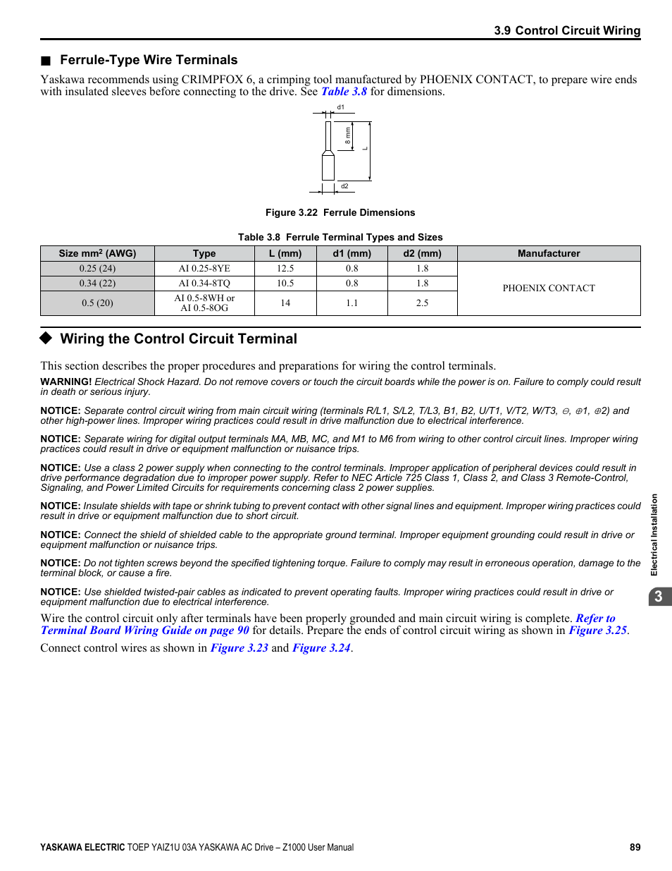 Wiring the control circuit terminal, Ends. refer to, Table 3.8 | For ferrule terminal types and sizes | Yaskawa Z1000 AC Drive HVAC User Manual | Page 89 / 376