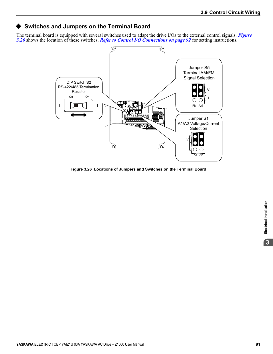Switches and jumpers on the terminal board, 9 control circuit wiring | Yaskawa Z1000 AC Drive HVAC User Manual | Page 91 / 376