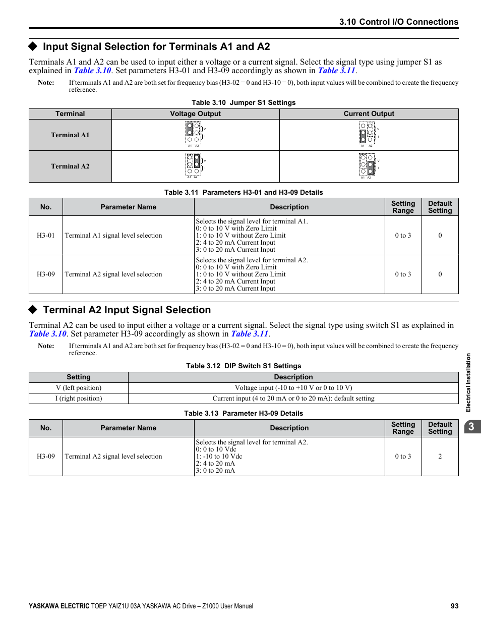 Input signal selection for terminals a1 and a2, Terminal a2 input signal selection, Dip switch s1 | Refer to input, 10 control i/o connections | Yaskawa Z1000 AC Drive HVAC User Manual | Page 93 / 376
