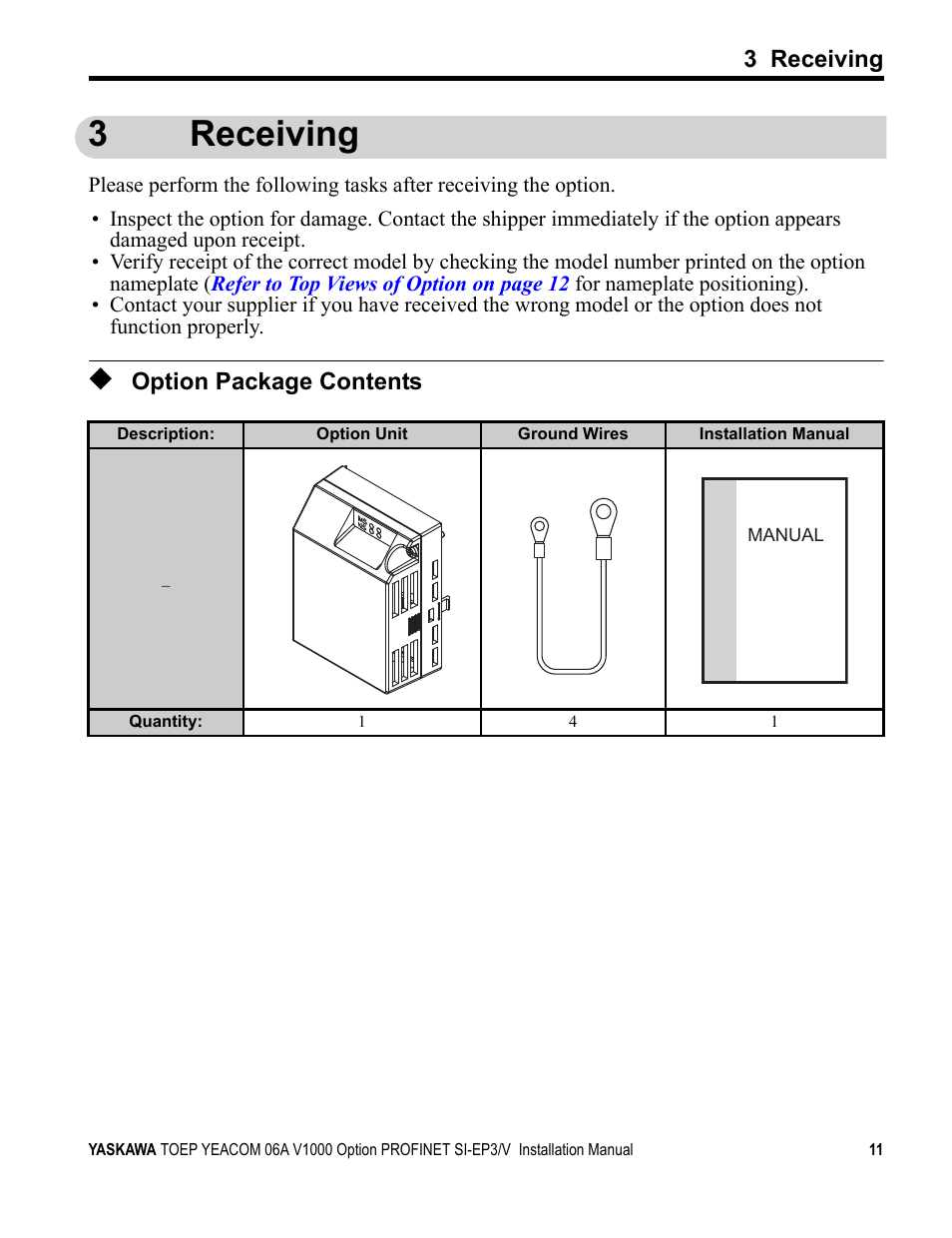 3 receiving, Option package contents, 3receiving | Yaskawa V1000-Series Option SI-EP3/V PROFINET User Manual | Page 11 / 68