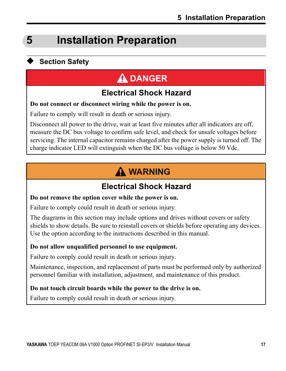 5 installation preparation, Section safety, 5installation preparation | Yaskawa V1000-Series Option SI-EP3/V PROFINET User Manual | Page 17 / 68