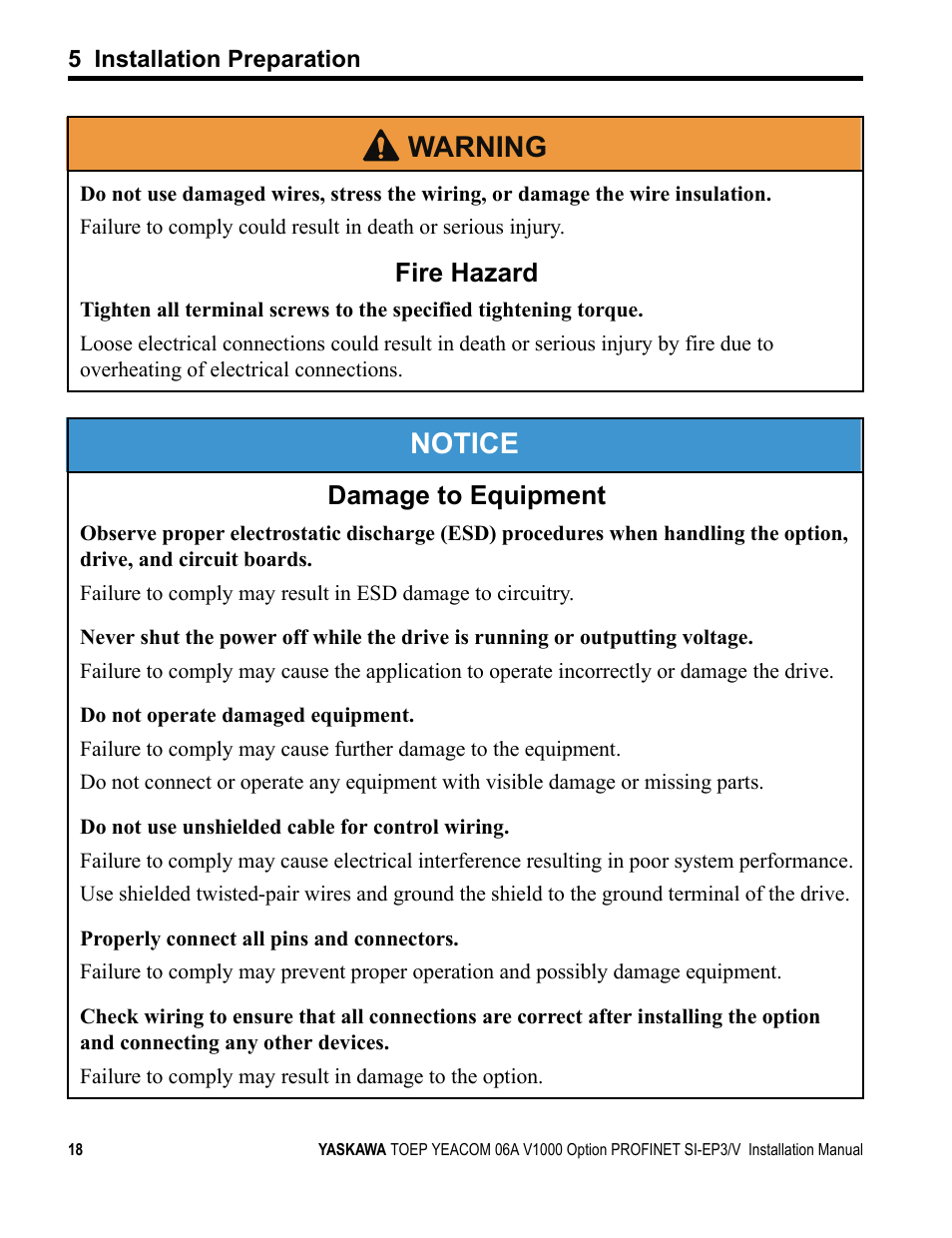Notice, W arning, Fire hazard | Damage to equipment | Yaskawa V1000-Series Option SI-EP3/V PROFINET User Manual | Page 18 / 68