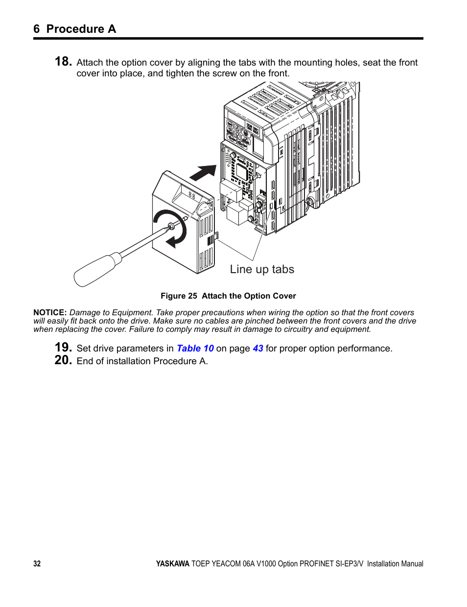 Line up tabs, 6 procedure a | Yaskawa V1000-Series Option SI-EP3/V PROFINET User Manual | Page 32 / 68
