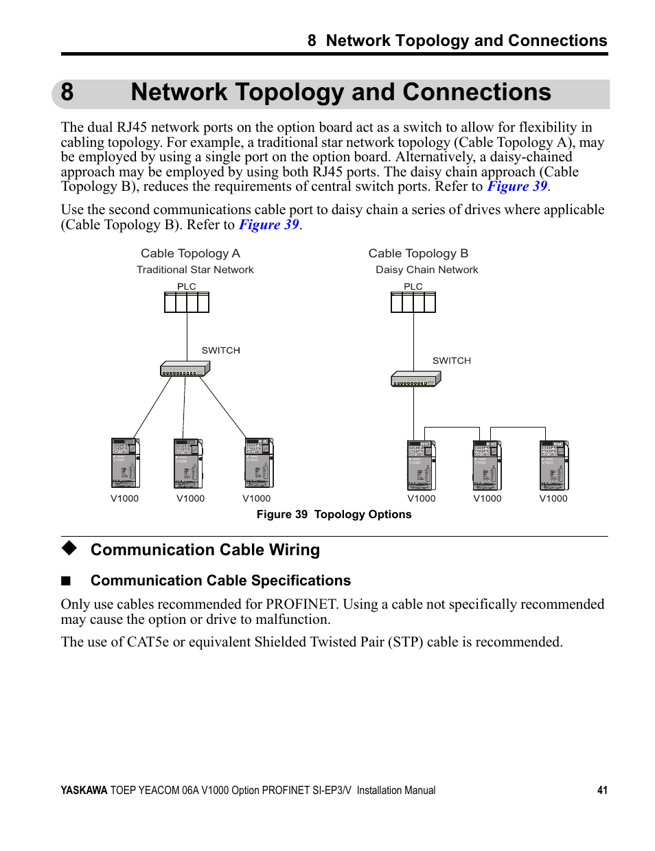 8 network topology and connections, Communication cable wiring, Refer to network | 8network topology and connections | Yaskawa V1000-Series Option SI-EP3/V PROFINET User Manual | Page 41 / 68
