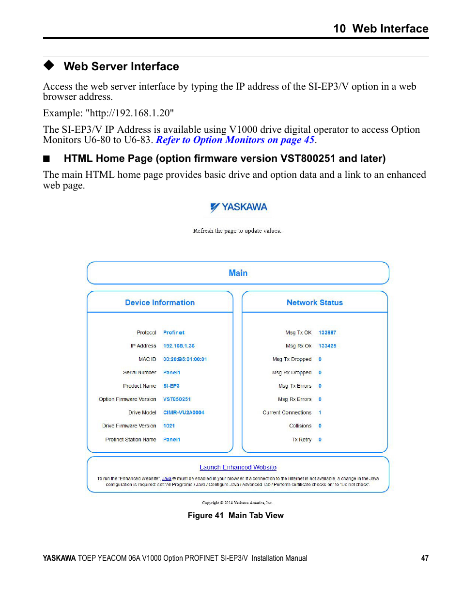 Web server interface | Yaskawa V1000-Series Option SI-EP3/V PROFINET User Manual | Page 47 / 68