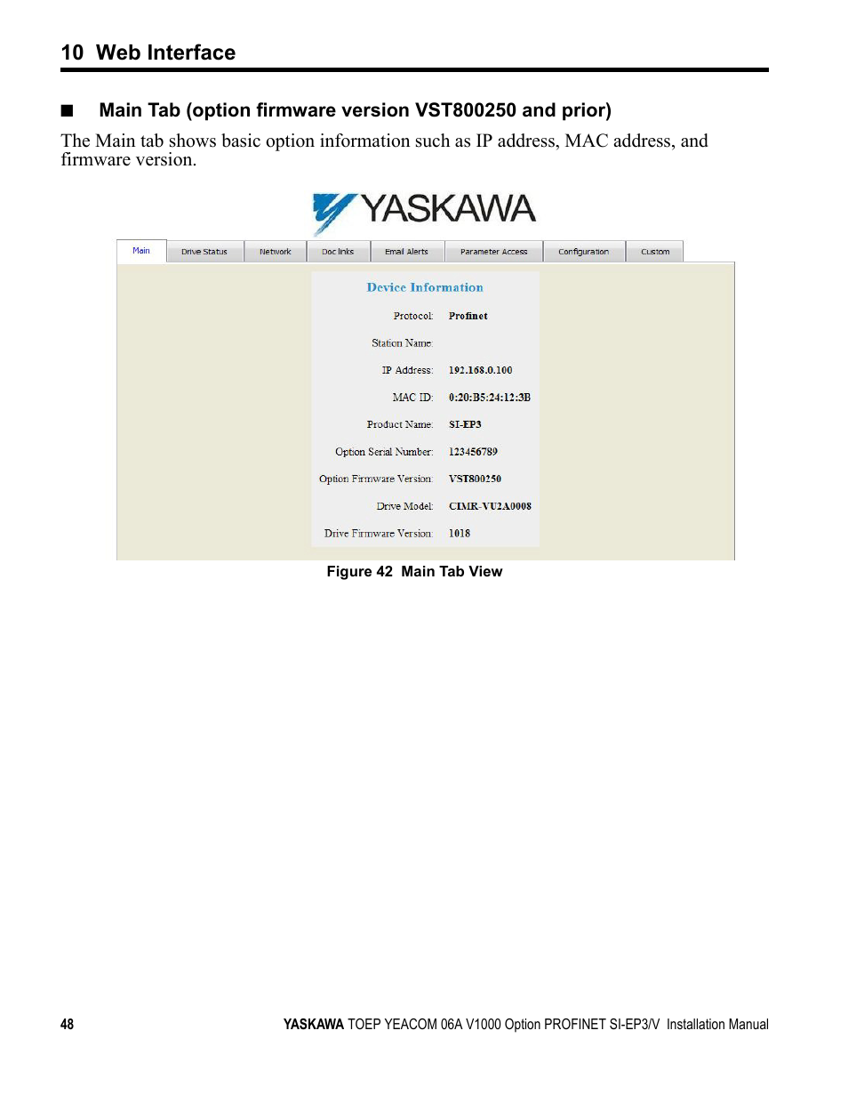 10 web interface | Yaskawa V1000-Series Option SI-EP3/V PROFINET User Manual | Page 48 / 68