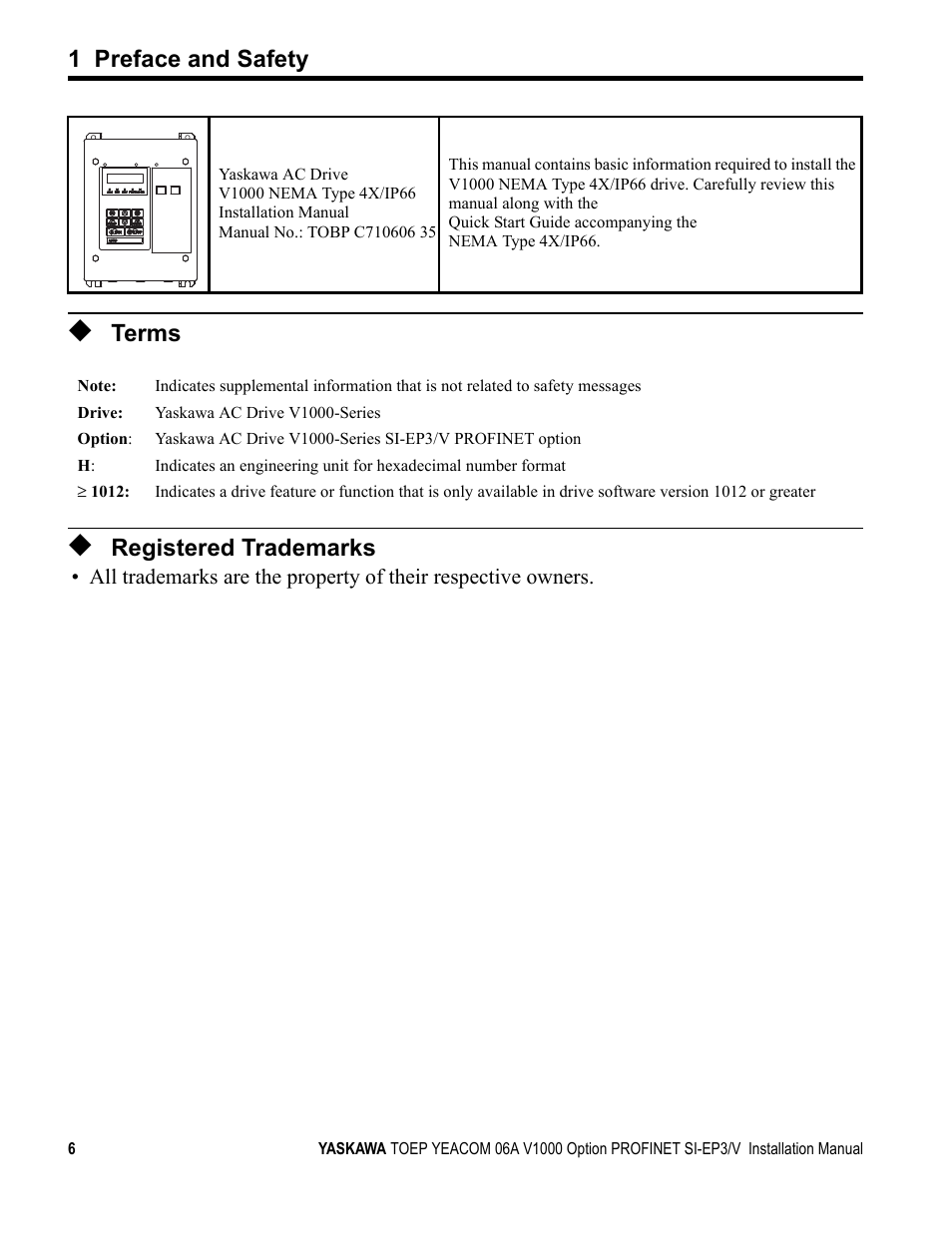 Terms, Registered trademarks, 1 preface and safety | Yaskawa V1000-Series Option SI-EP3/V PROFINET User Manual | Page 6 / 68