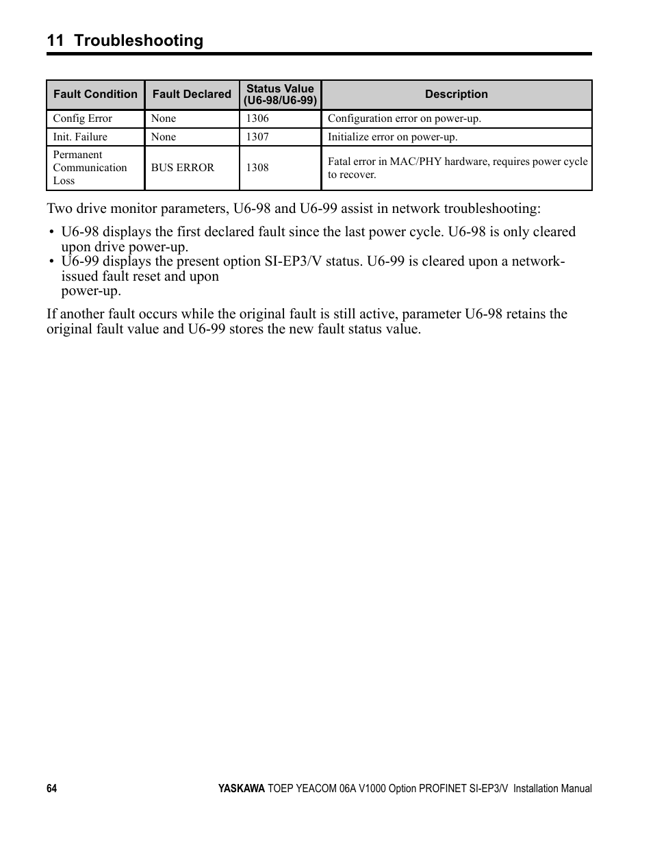 11 troubleshooting | Yaskawa V1000-Series Option SI-EP3/V PROFINET User Manual | Page 64 / 68