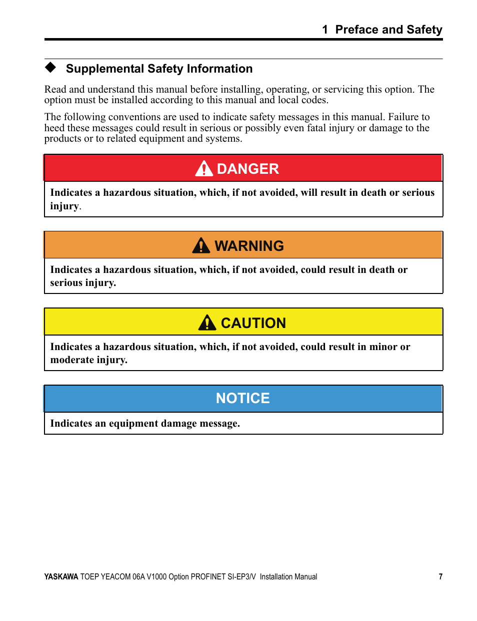 Supplemental safety information, Danger, W arning | Caution, Notice | Yaskawa V1000-Series Option SI-EP3/V PROFINET User Manual | Page 7 / 68