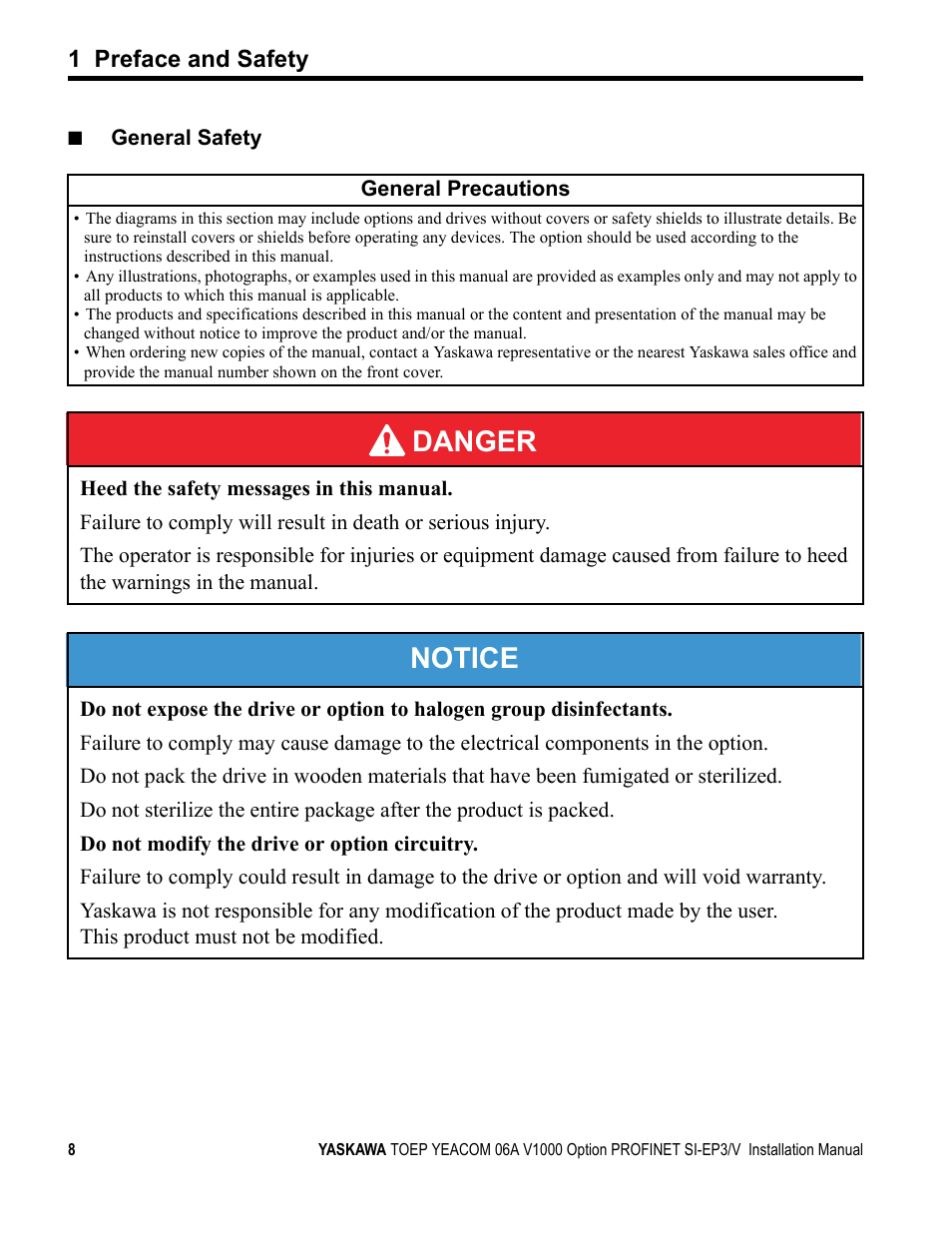 Danger, Notice, 1 preface and safety | Yaskawa V1000-Series Option SI-EP3/V PROFINET User Manual | Page 8 / 68
