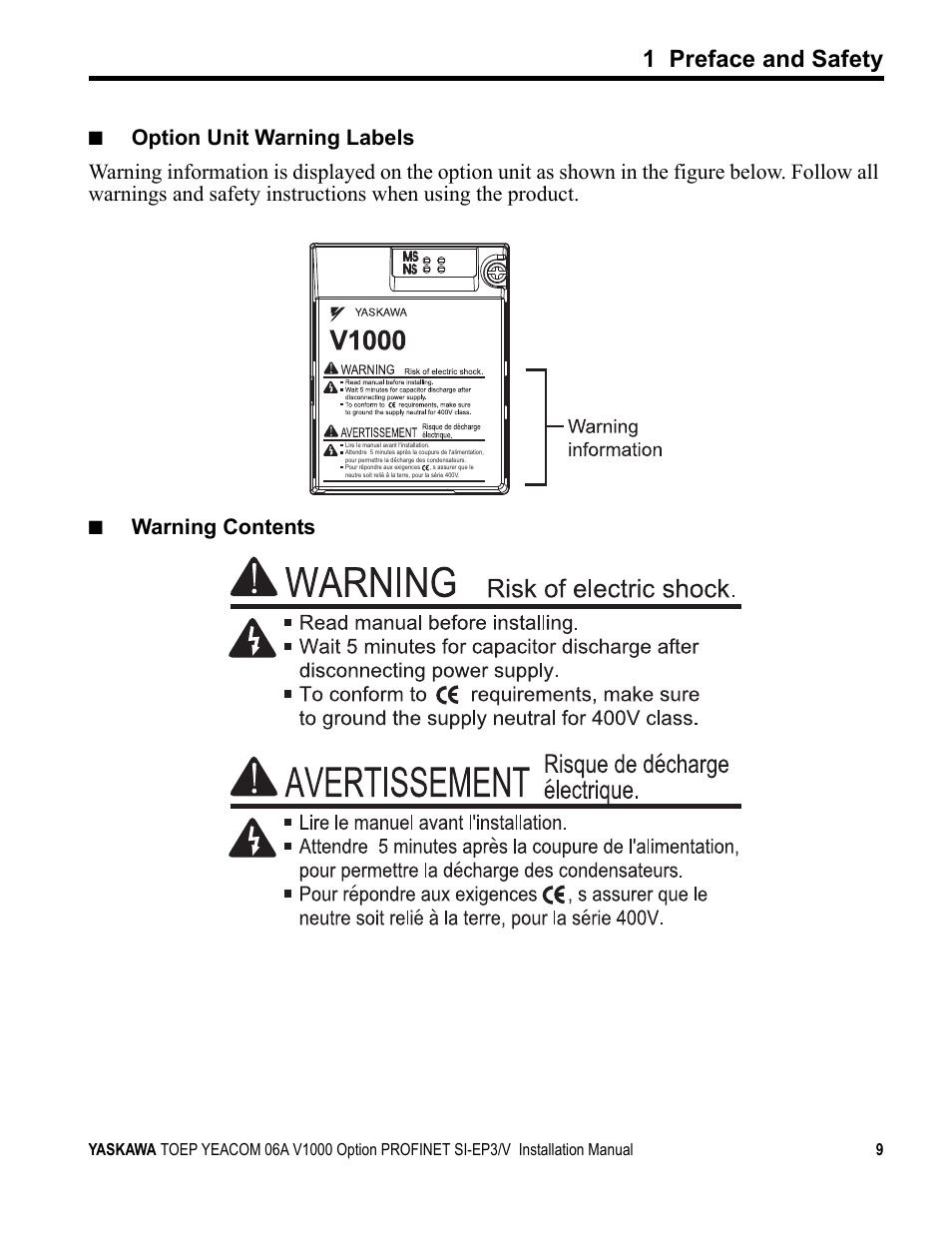 1 preface and safety | Yaskawa V1000-Series Option SI-EP3/V PROFINET User Manual | Page 9 / 68