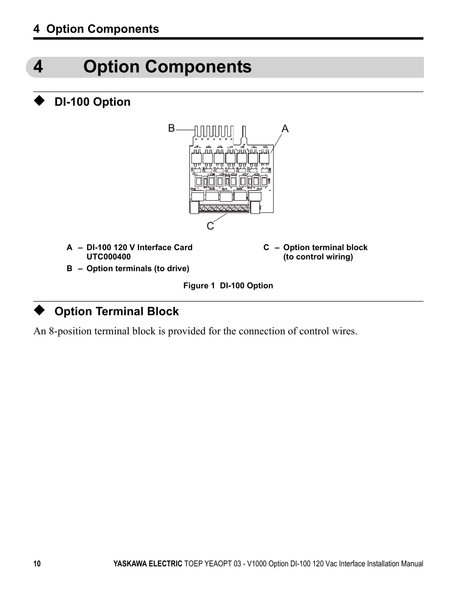4 option components, Di-100 option, Option terminal block | 4option components | Yaskawa V1000 Option - DI-100 120 Vac Interface User Manual | Page 10 / 28