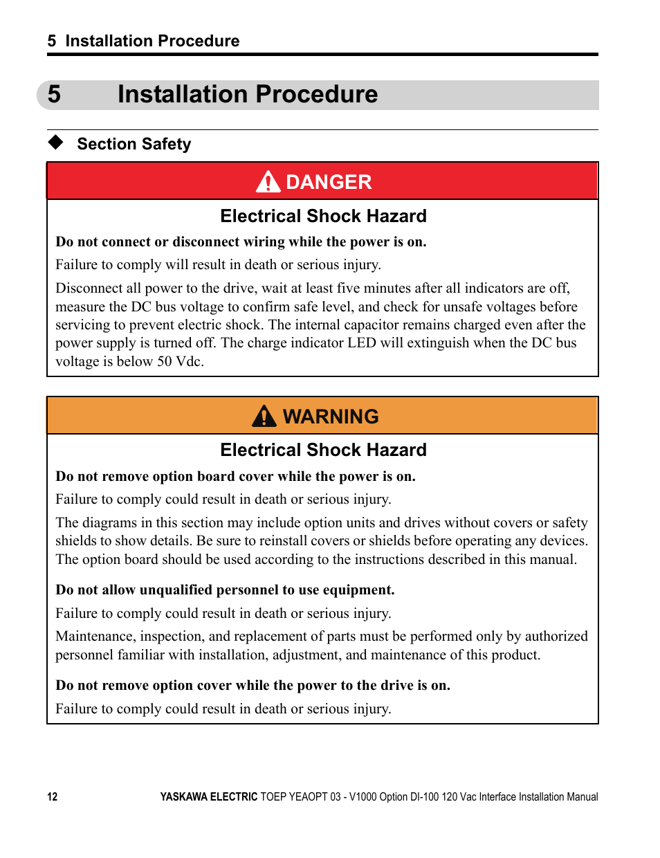 5 installation procedure, Section safety, 5installation procedure | Yaskawa V1000 Option - DI-100 120 Vac Interface User Manual | Page 12 / 28