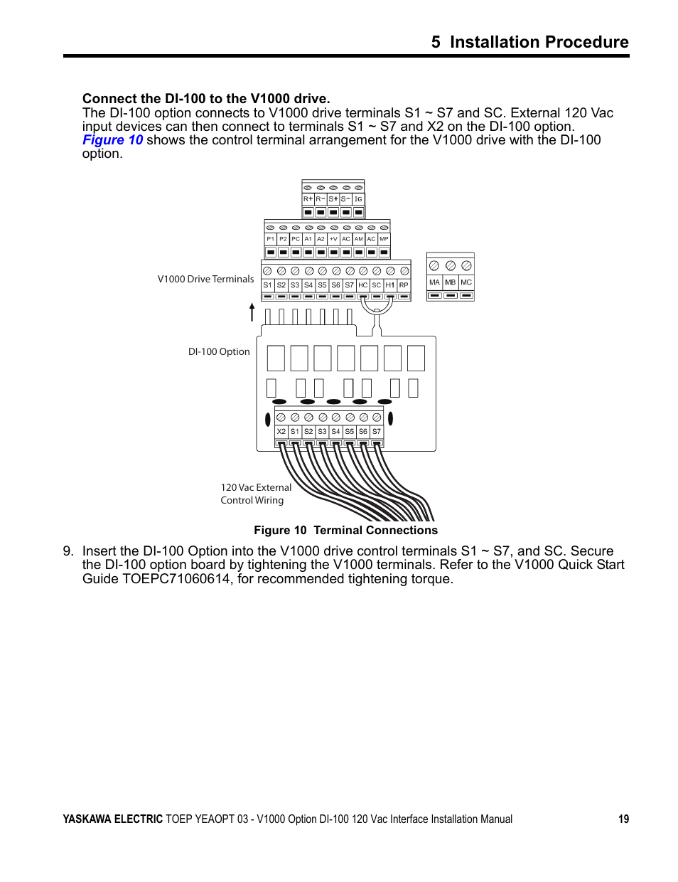 Figure 9, 5 installation procedure | Yaskawa V1000 Option - DI-100 120 Vac Interface User Manual | Page 19 / 28