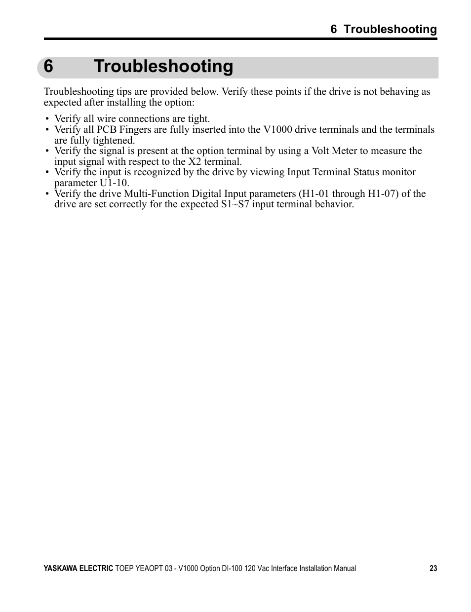 6 troubleshooting, 6troubleshooting | Yaskawa V1000 Option - DI-100 120 Vac Interface User Manual | Page 23 / 28