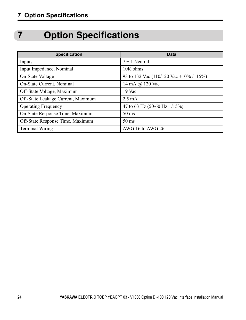 7 option specifications, 7option specifications | Yaskawa V1000 Option - DI-100 120 Vac Interface User Manual | Page 24 / 28