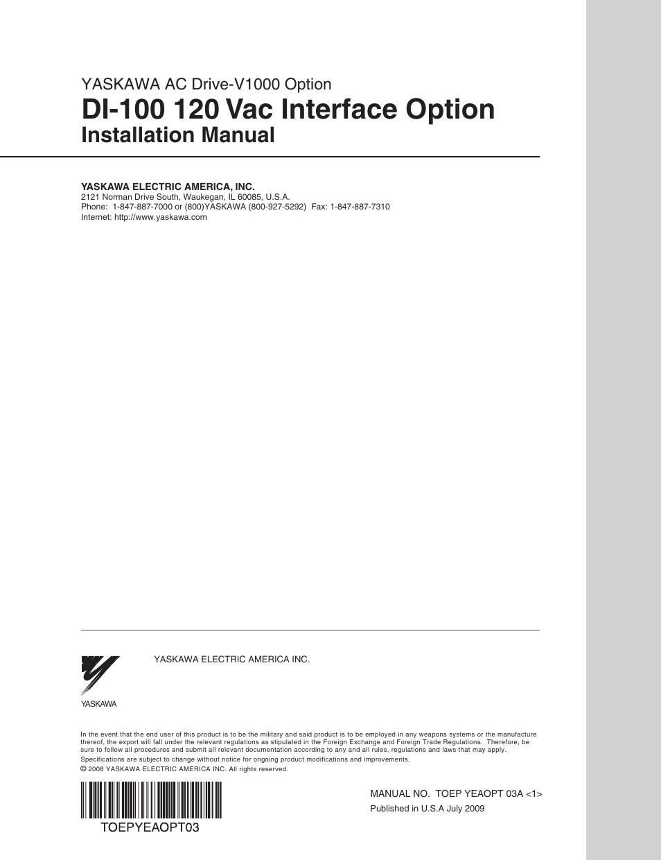 Installation manual, Yaskawa ac drive-v1000 option | Yaskawa V1000 Option - DI-100 120 Vac Interface User Manual | Page 28 / 28