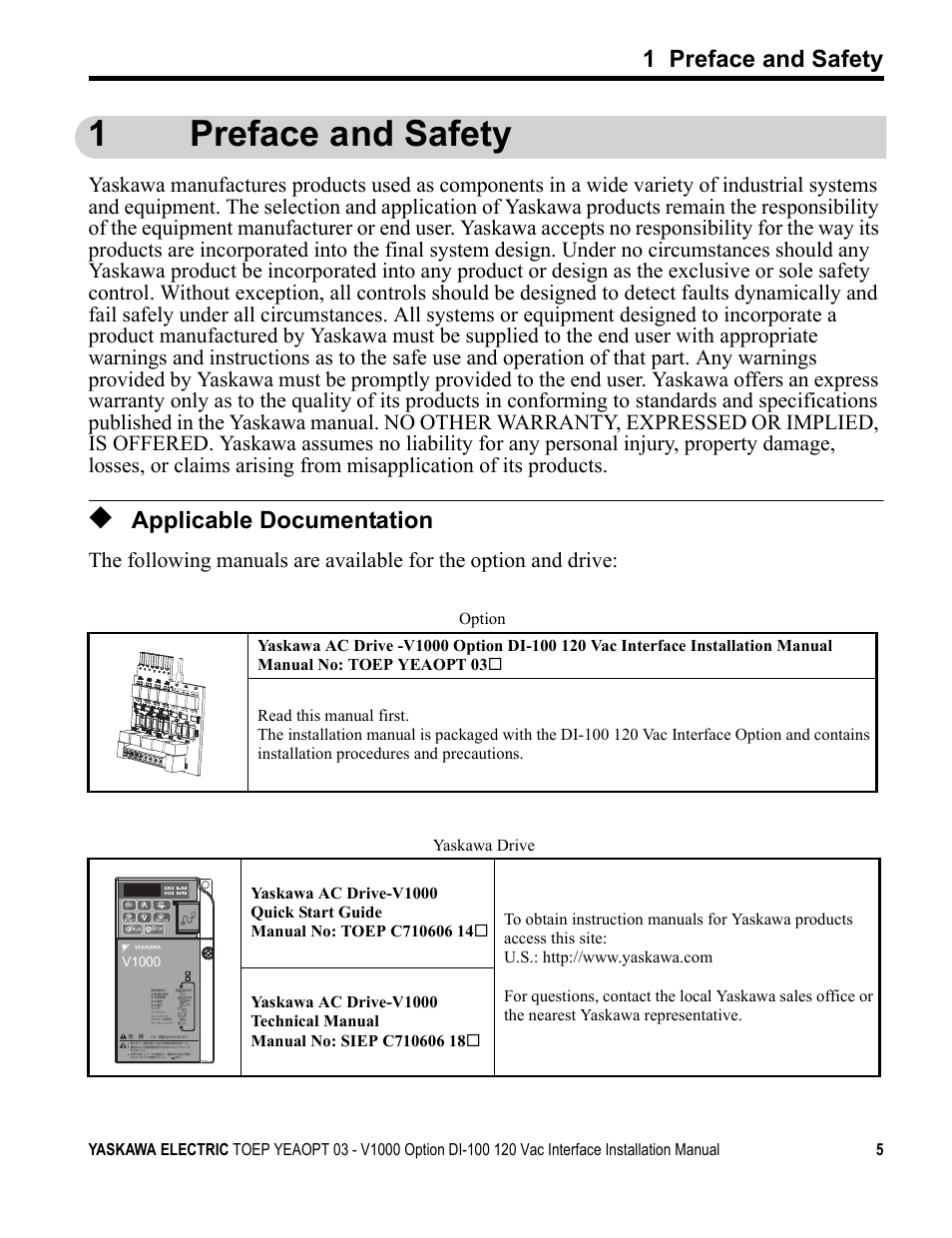 1 preface and safety, Applicable documentation, 1preface and safety | Yaskawa V1000 Option - DI-100 120 Vac Interface User Manual | Page 5 / 28
