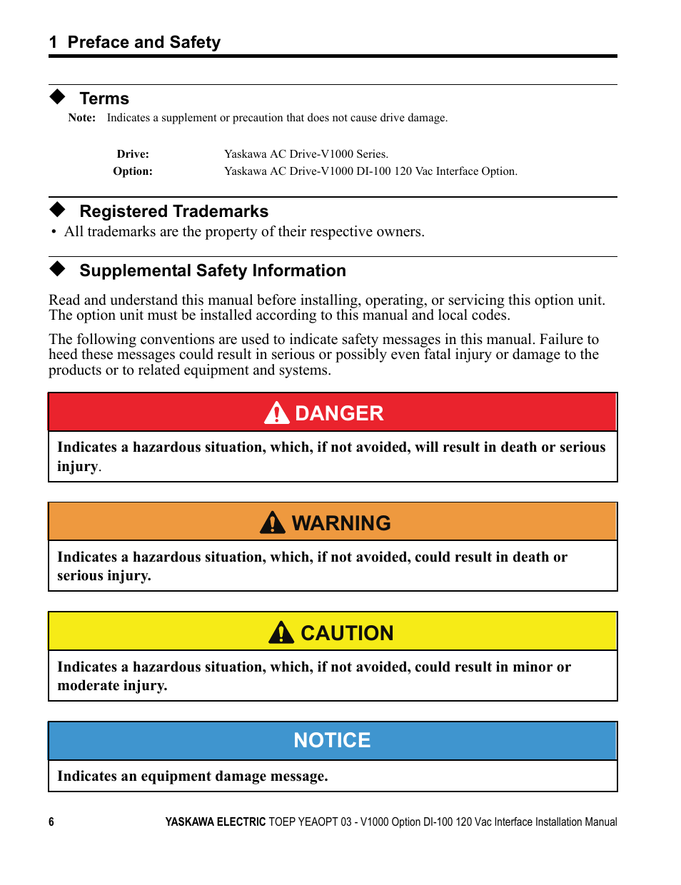 Terms, Registered trademarks, Supplemental safety information | Danger, W arning, Caution, Notice | Yaskawa V1000 Option - DI-100 120 Vac Interface User Manual | Page 6 / 28