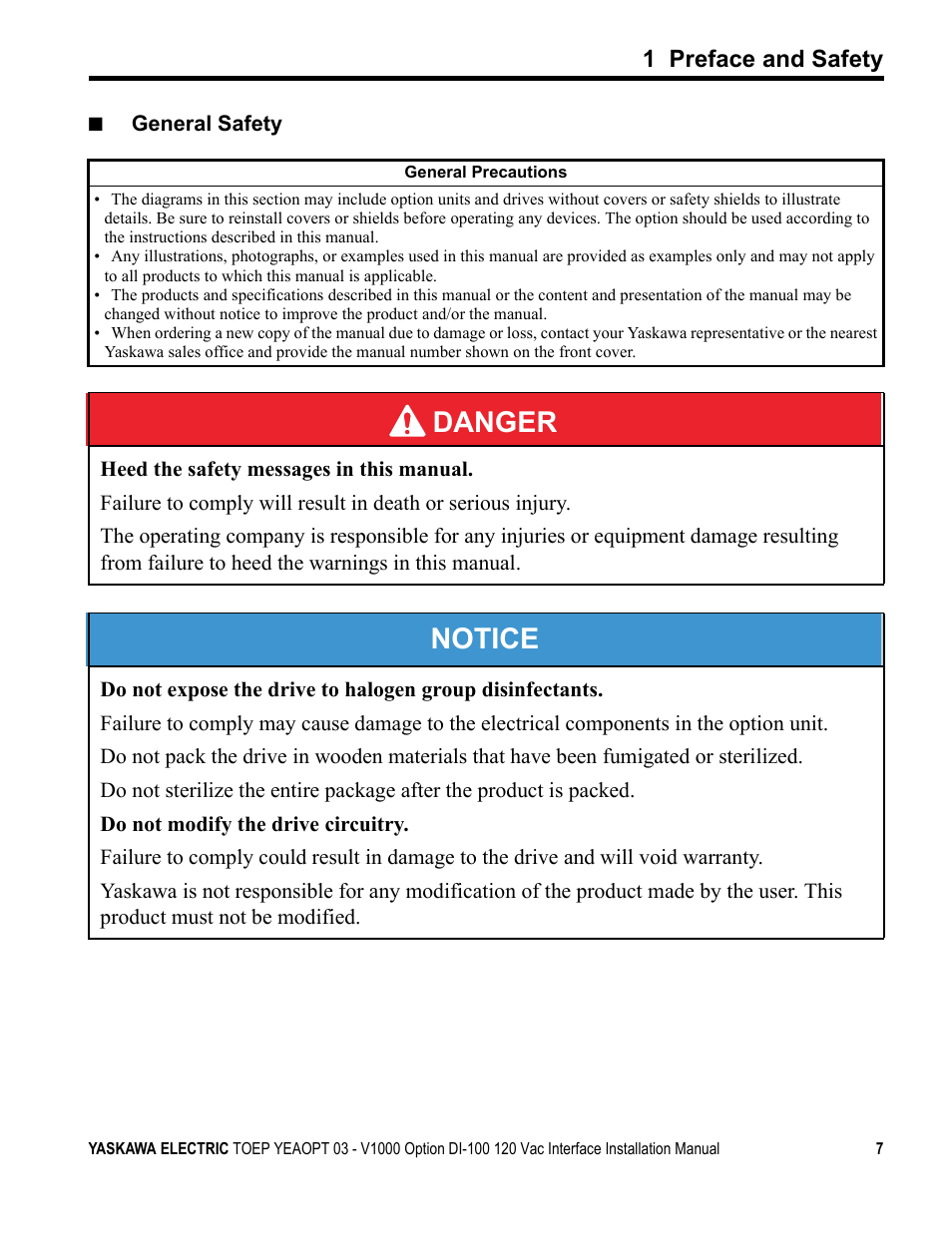 Danger, Notice, 1 preface and safety | Yaskawa V1000 Option - DI-100 120 Vac Interface User Manual | Page 7 / 28