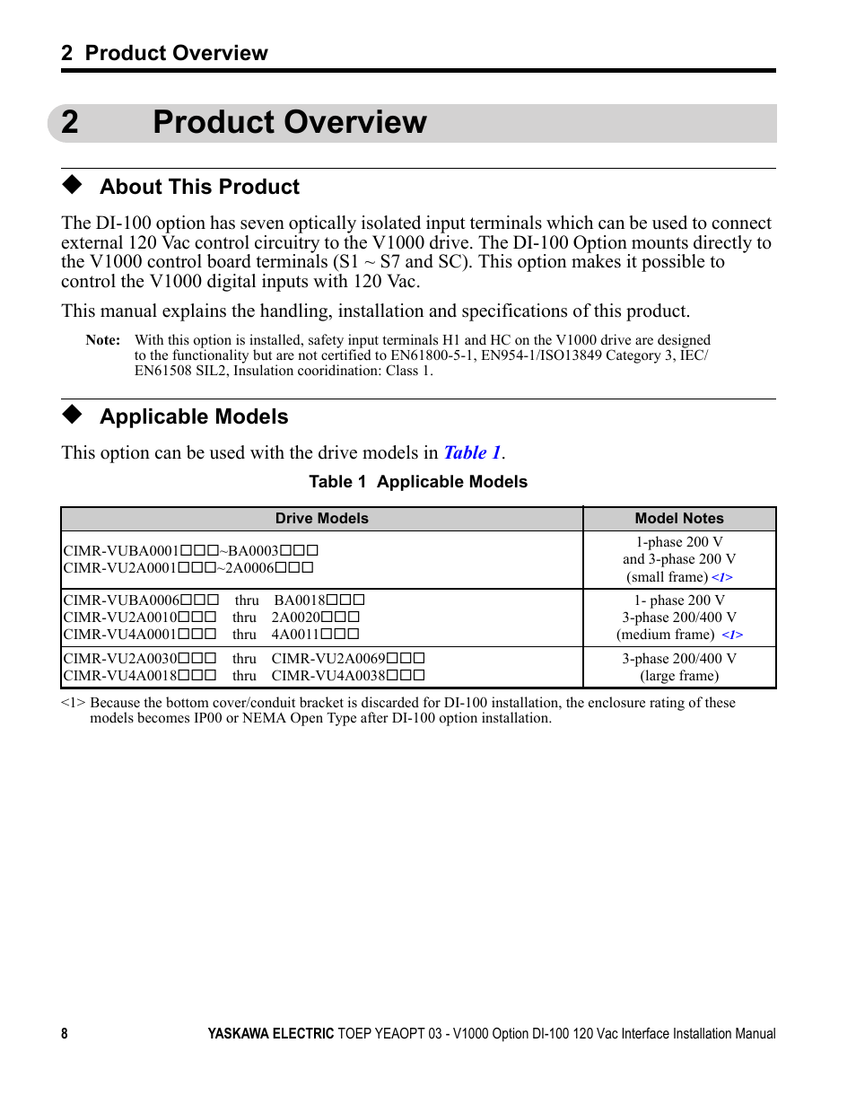 2 product overview, About this product, Applicable models | 2product overview | Yaskawa V1000 Option - DI-100 120 Vac Interface User Manual | Page 8 / 28
