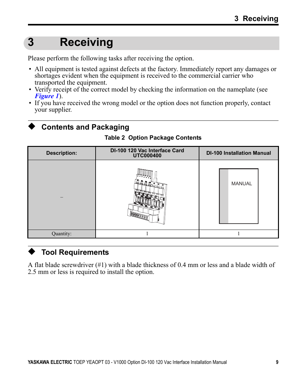 3 receiving, Contents and packaging, Tool requirements | 3receiving | Yaskawa V1000 Option - DI-100 120 Vac Interface User Manual | Page 9 / 28