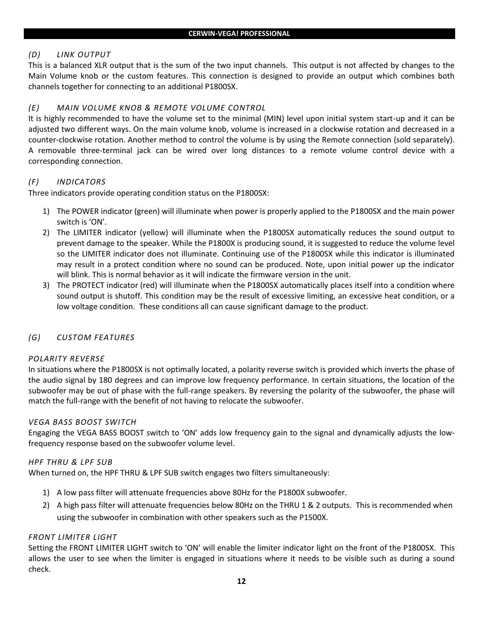 Cerwin-Vega Powered Loudspeakers P1800SX User Manual | Page 12 / 34