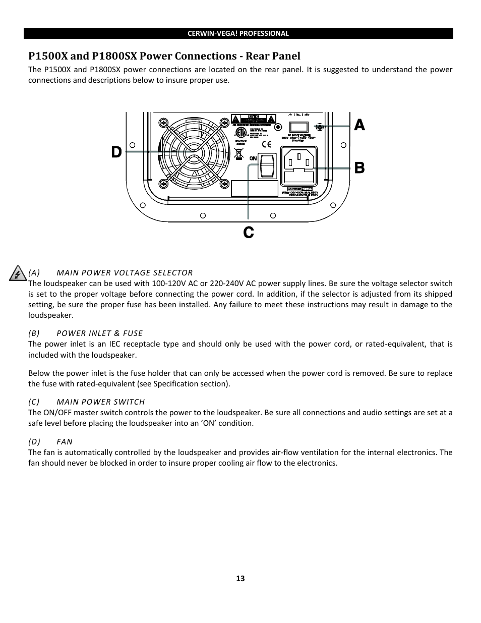 P1500x and p1800sx power connections - rear panel | Cerwin-Vega Powered Loudspeakers P1800SX User Manual | Page 13 / 34